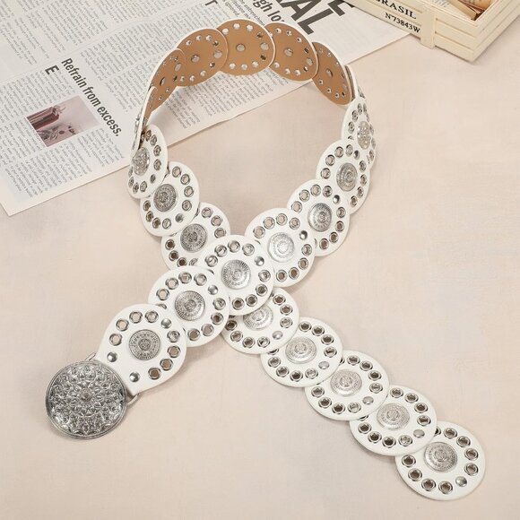 Women Vintage Disc Waist Concho Leather Belt Boho Waist Belt White Silver Buckle - Picture 7 of 7